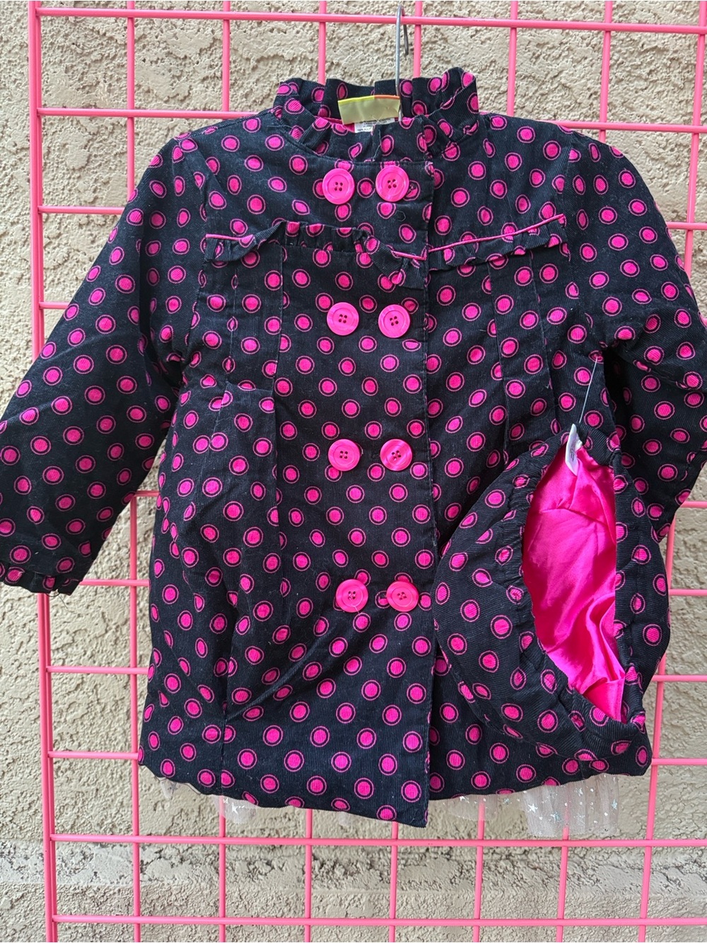 New Vintage Penelope Mack Black Coat with Pink Polka Dots and Hat